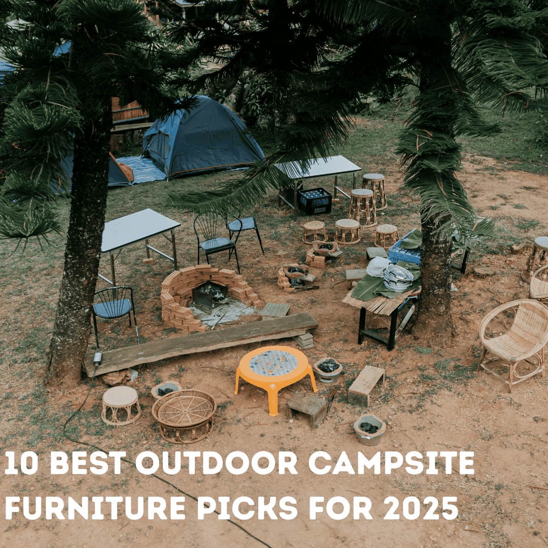 Campsite with scattered campsite furniture around the image