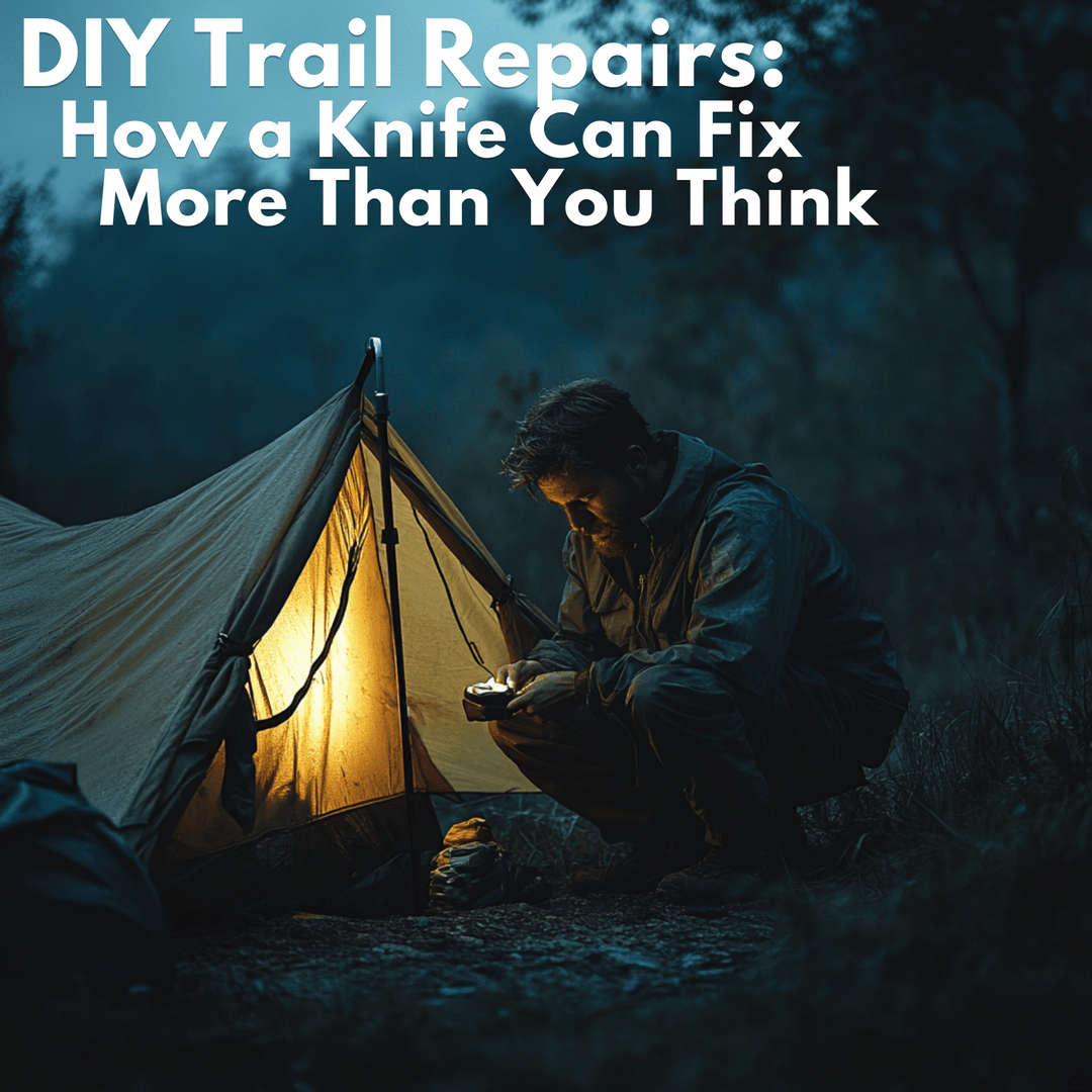 Hiker outside of his tent making repairs to his gear