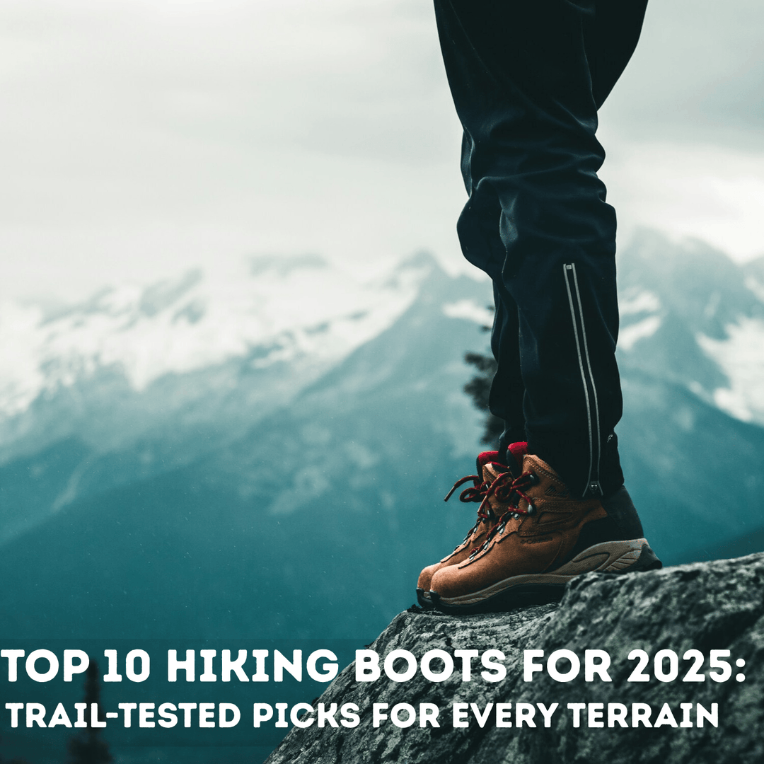 Man standing on a mountain top. Picture showcasing the hiker's boots