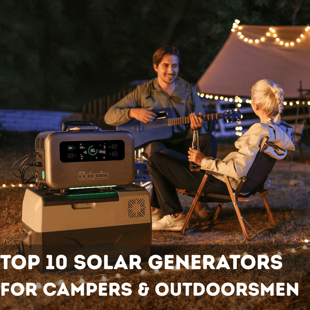 Man playing guitar to woman at camp site with a solar generator powering the electricity