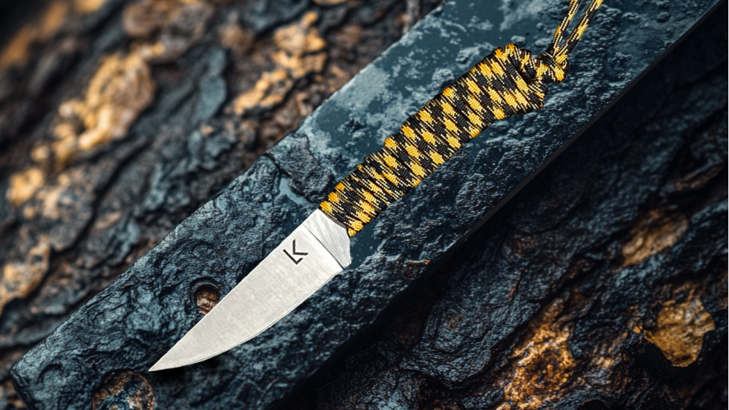 Black and Gold Knife on Wood Background